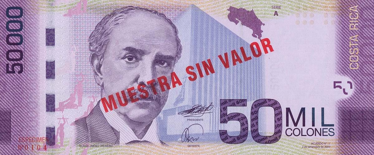 Front of Costa Rica p279s: 50000 Colones from 2010