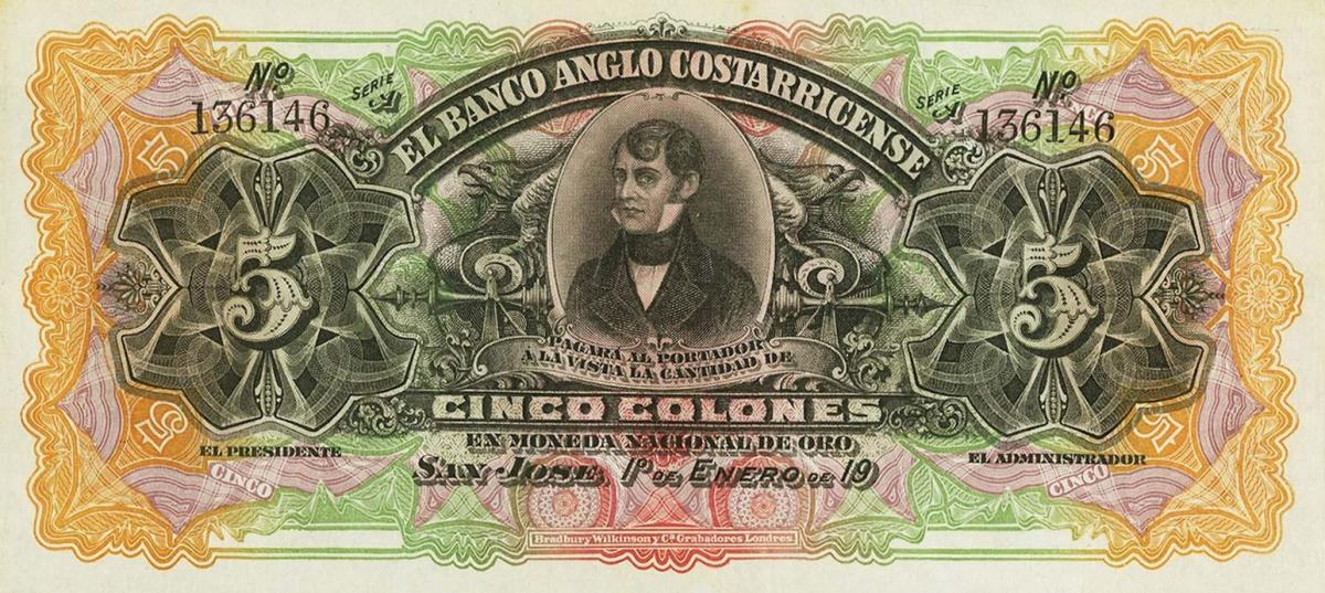 Front of Costa Rica pS122r: 5 Colones from 1903