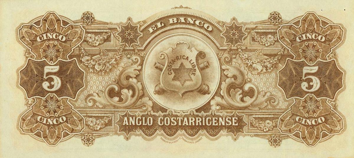 Back of Costa Rica pS122s3: 5 Colones from 1903