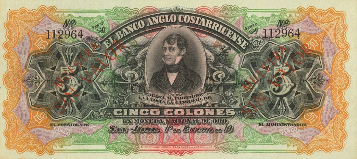 Front of Costa Rica pS122s3: 5 Colones from 1903