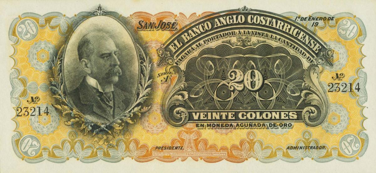 Front of Costa Rica pS124s3: 20 Colones from 1909
