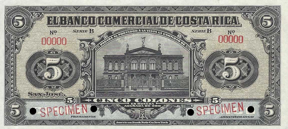Front of Costa Rica pS146s: 5 Colones from 1914