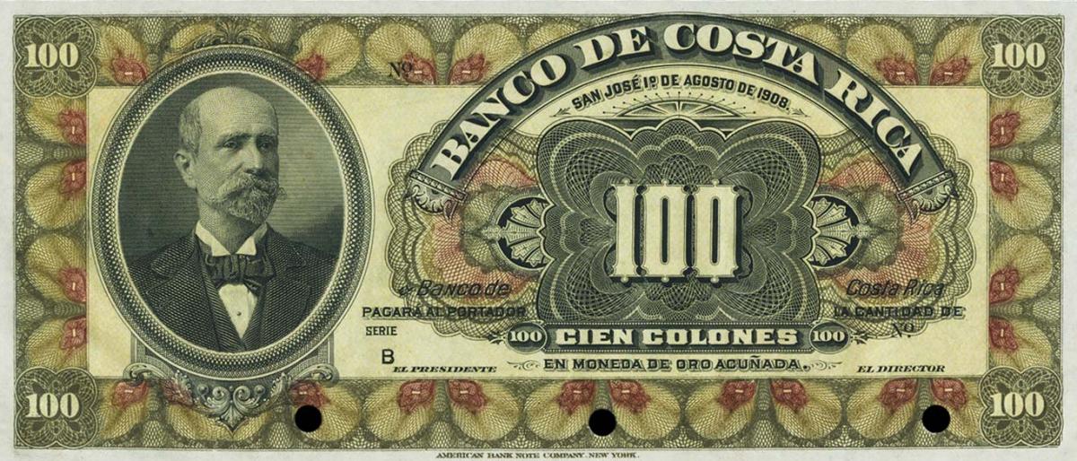 Front of Costa Rica pS177s2: 100 Colones from 1908