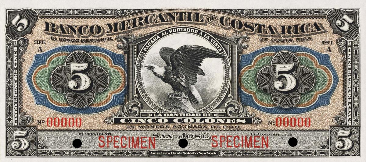 Front of Costa Rica pS201s: 5 Colones from 1910