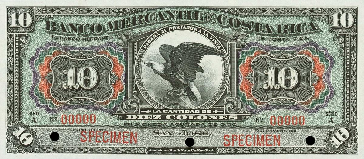 Front of Costa Rica pS202s: 10 Colones from 1910