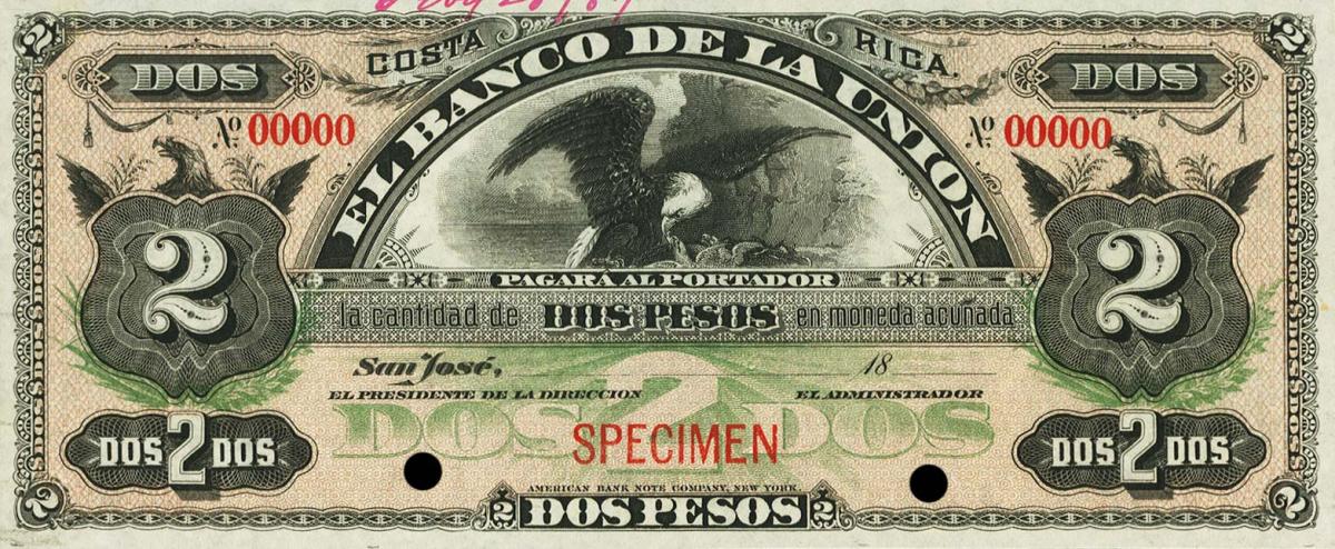 Front of Costa Rica pS222s: 2 Pesos from 1886