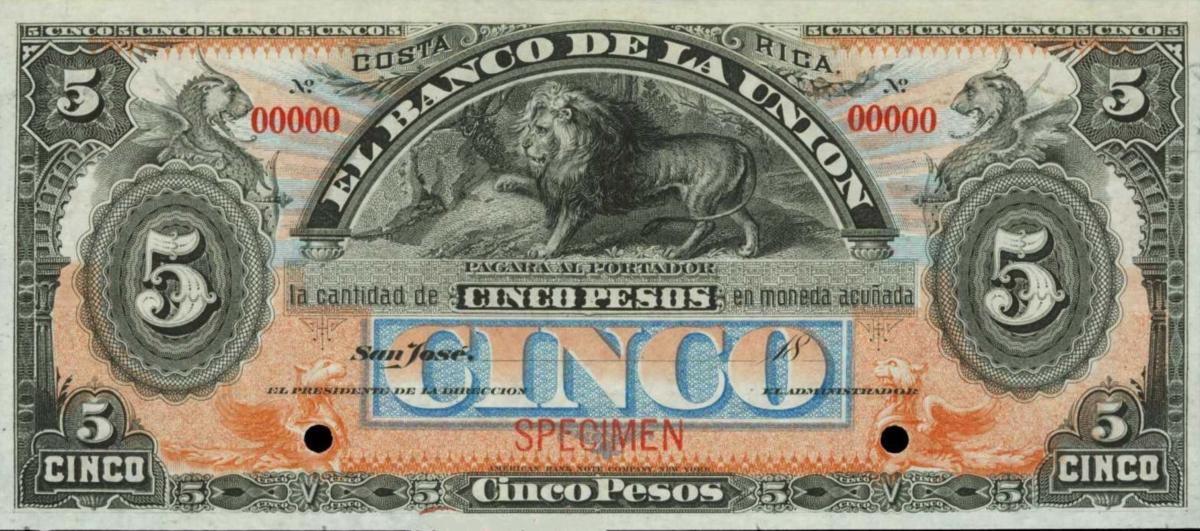 Front of Costa Rica pS223s: 5 Pesos from 1886
