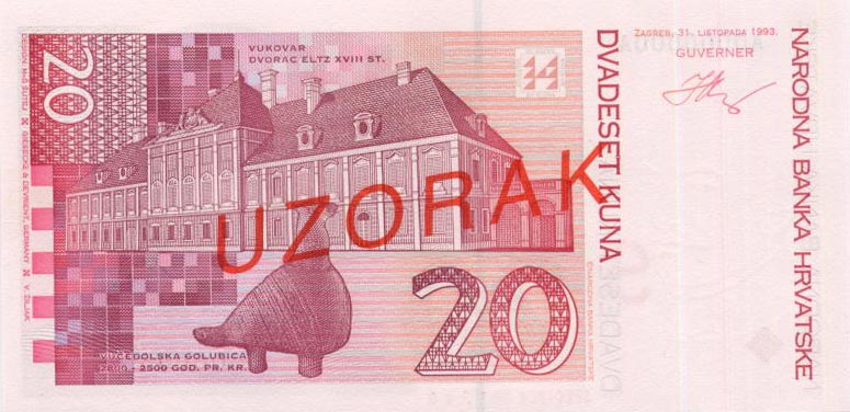 Back of Croatia p30s: 20 Kuna from 1993