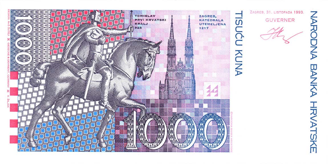Back of Croatia p35a: 1000 Kuna from 1993