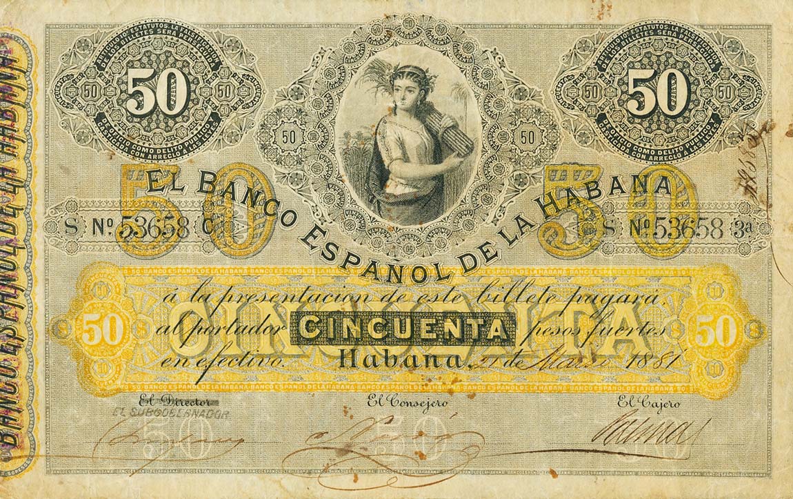 Front of Cuba p22: 50 Pesos from 1872