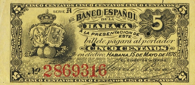 Front of Cuba p29b: 5 Centavos from 1876