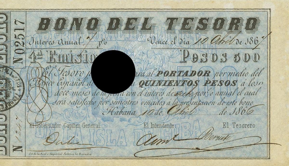 Front of Cuba p38J: 500 Pesos from 1865