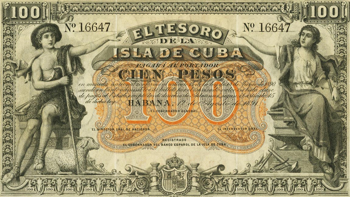 Front of Cuba p43b: 100 Pesos from 1891