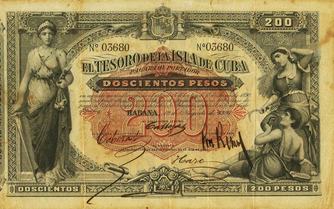 Front of Cuba p44a: 200 Pesos from 1891