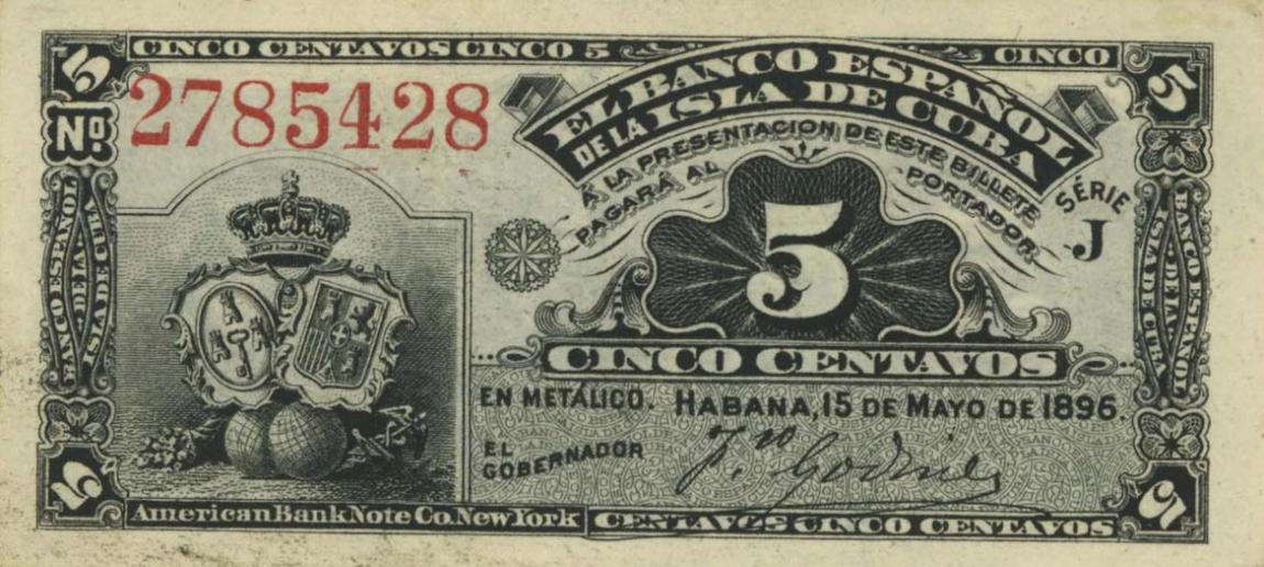Front of Cuba p45a: 5 Centavos from 1896