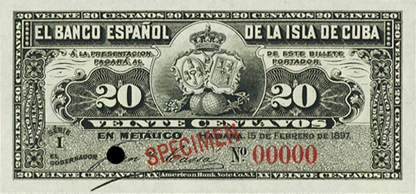Front of Cuba p53s: 20 Centavos from 1897