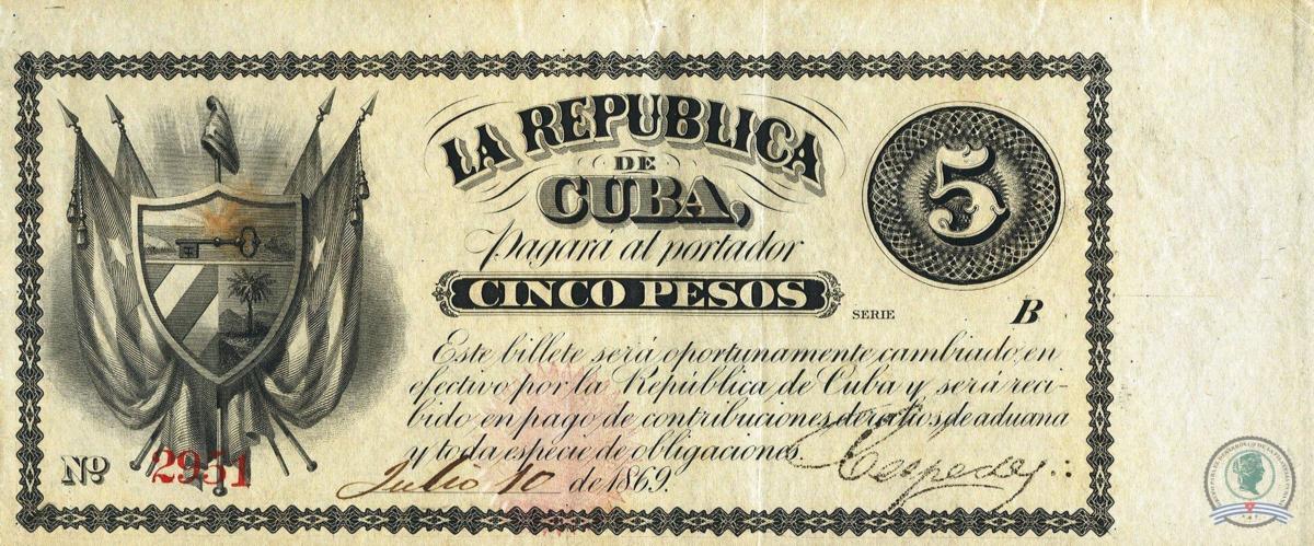 Front of Cuba p56b: 5 Pesos from 1869