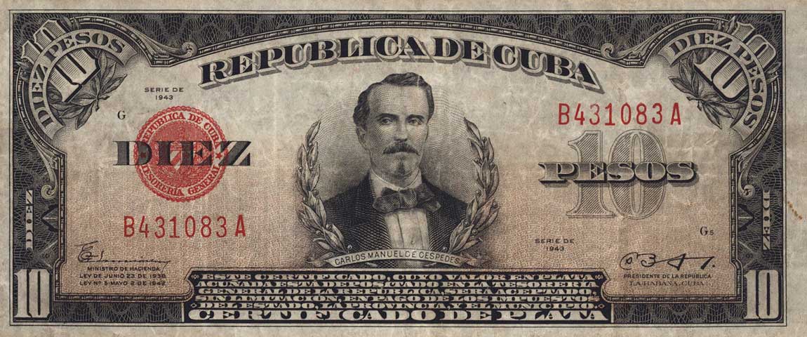 Front of Cuba p71e: 10 Pesos from 1943