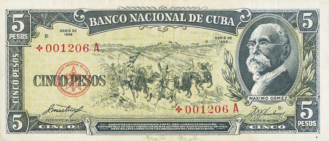 Front of Cuba p91r: 5 Pesos from 1958
