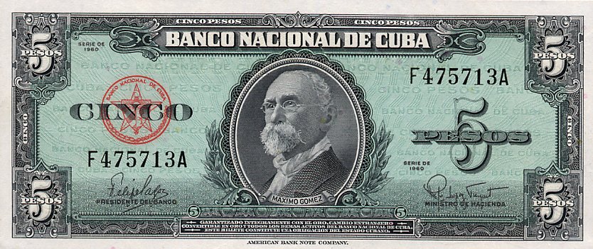 Front of Cuba p92a: 5 Pesos from 1960