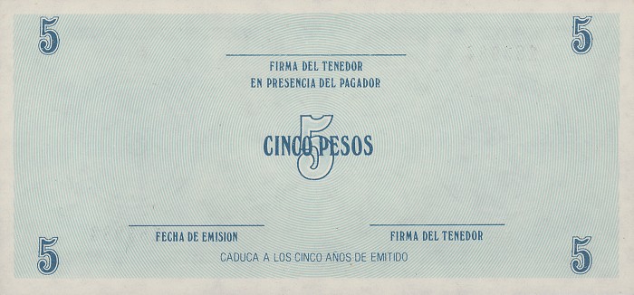Back of Cuba pFX13: 5 Pesos from 1987
