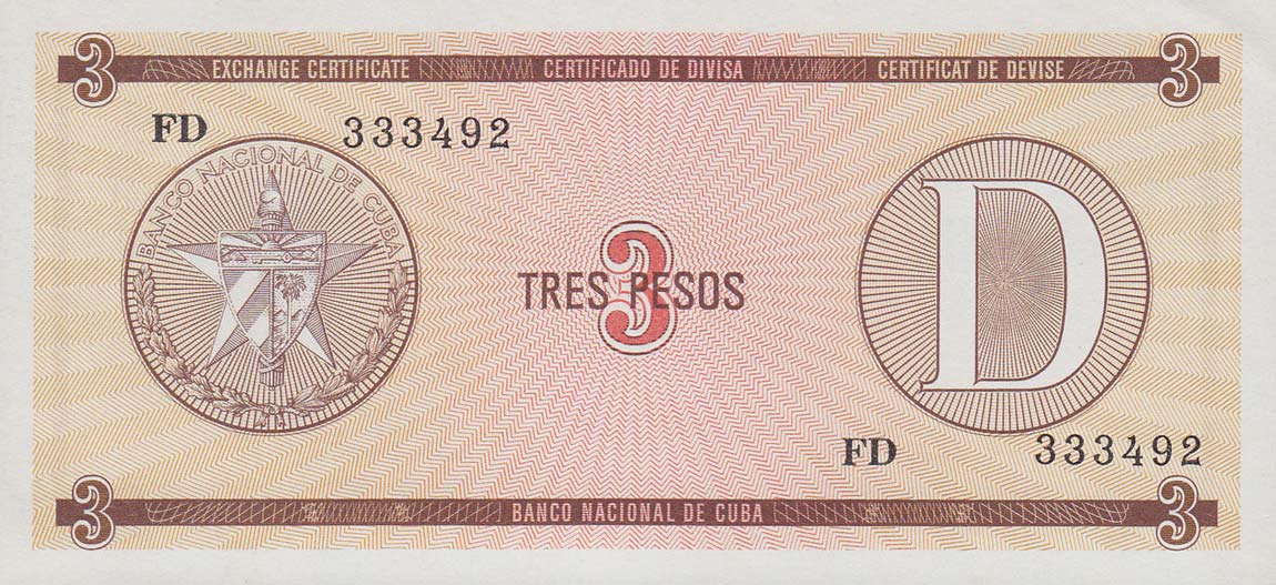 Front of Cuba pFX28: 3 Pesos from 1989