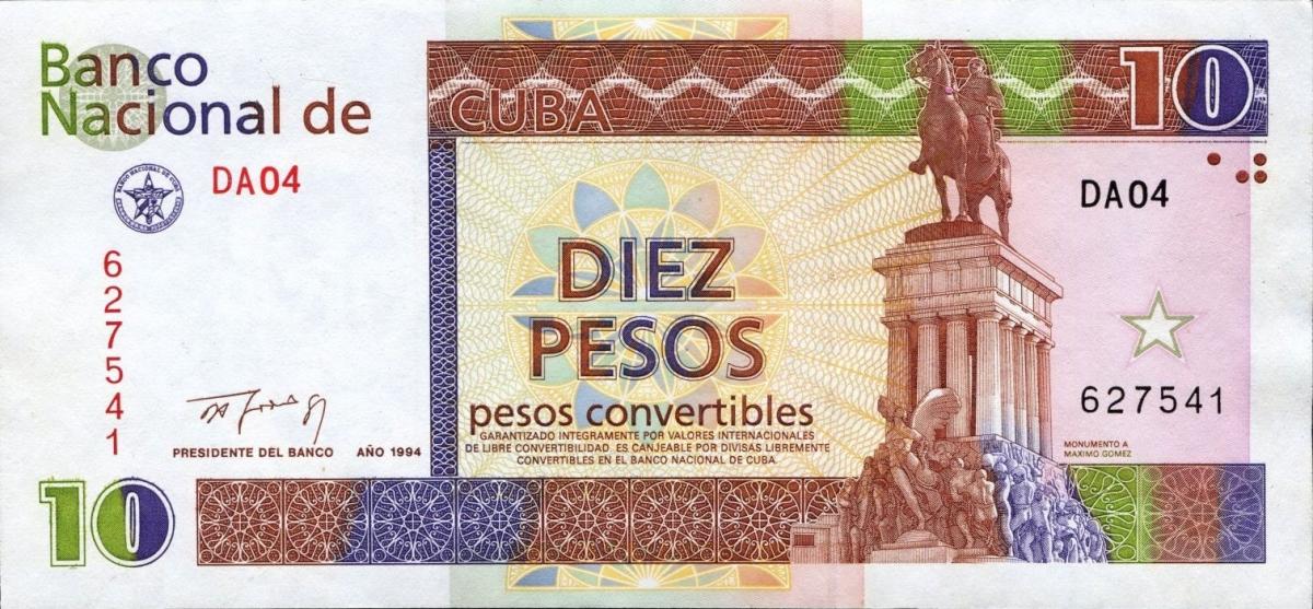 Front of Cuba pFX40: 10 Peso Convertible from 1994