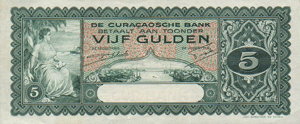 Front of Curacao p22: 5 Gulden from 1939