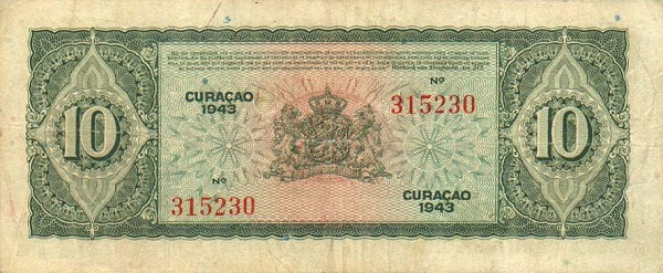 Back of Curacao p26a: 10 Gulden from 1943