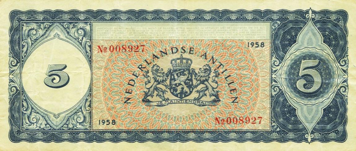 Back of Curacao p45a: 5 Gulden from 1958