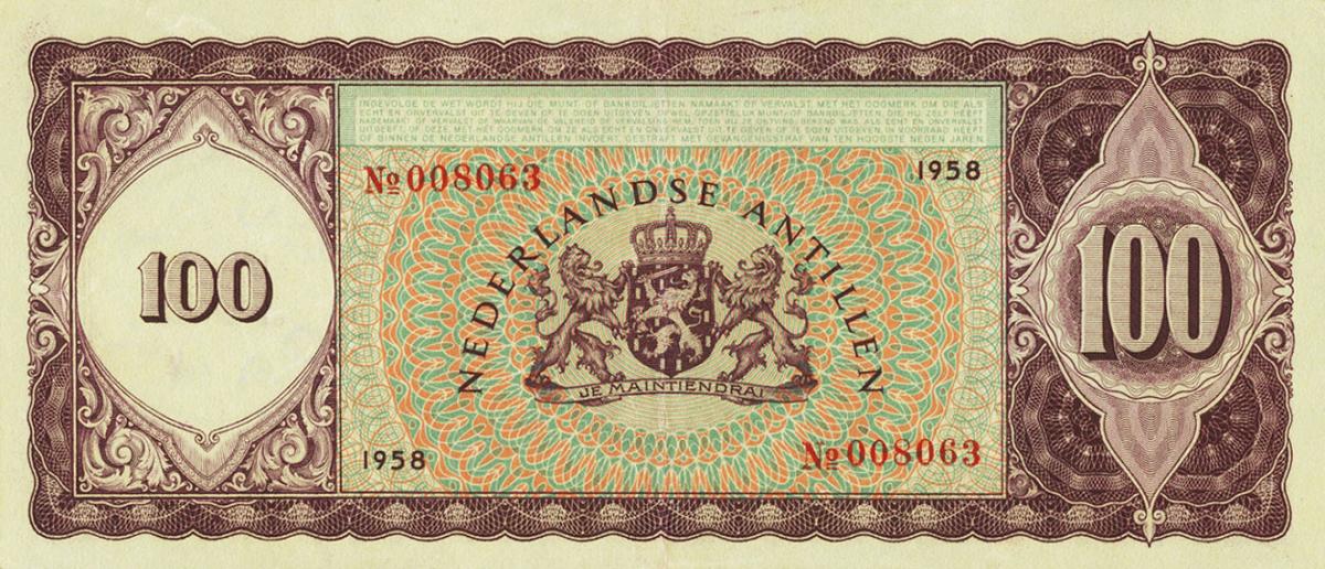 Back of Curacao p49: 100 Gulden from 1958