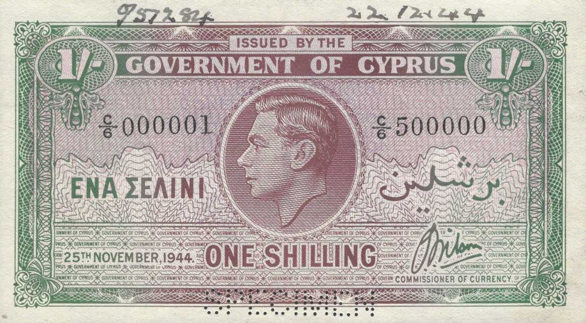 Front of Cyprus p20s: 1 Shilling from 1939