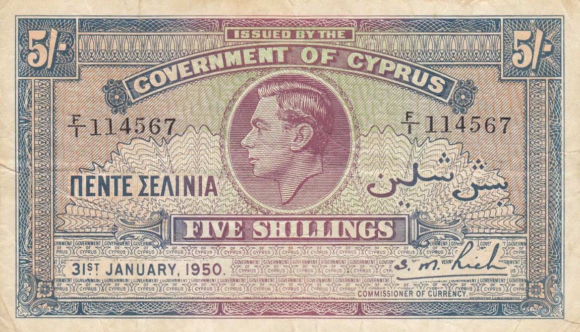 Front of Cyprus p22a: 5 Shillings from 1939