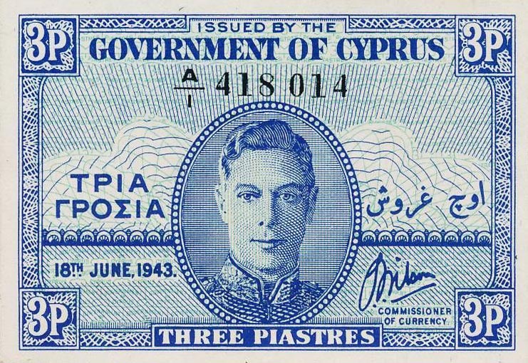 Front of Cyprus p28a: 3 Piastres from 1943