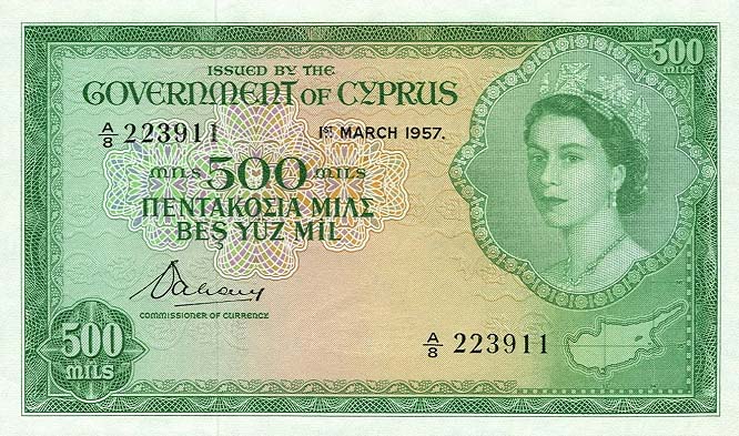 Front of Cyprus p34a: 500 Mils from 1955