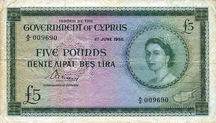 Front of Cyprus p36a: 5 Pounds from 1955