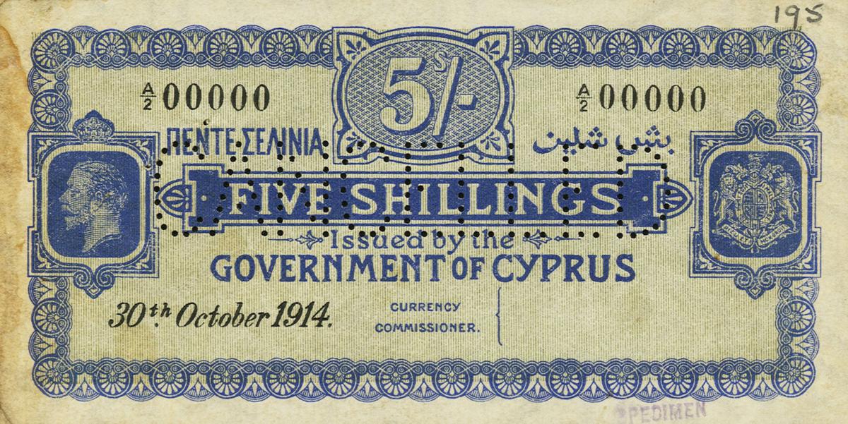 Front of Cyprus p3s: 5 Shillings from 1914