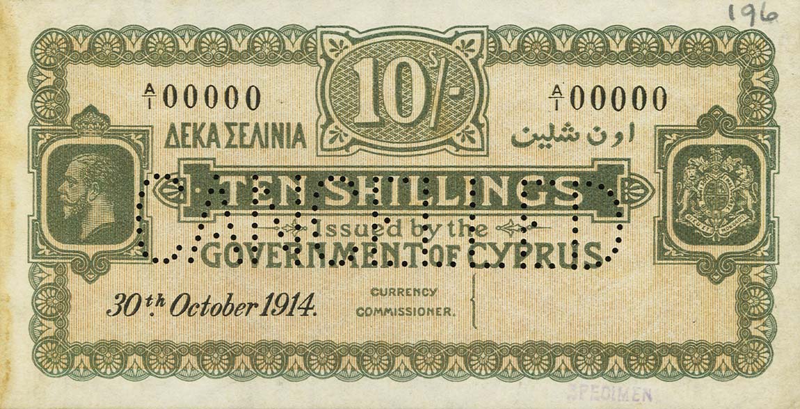 Front of Cyprus p4s: 10 Shillings from 1914