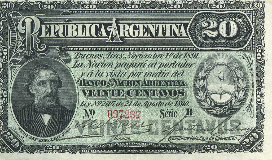 Front of Argentina p215: 20 Centavos from 1892