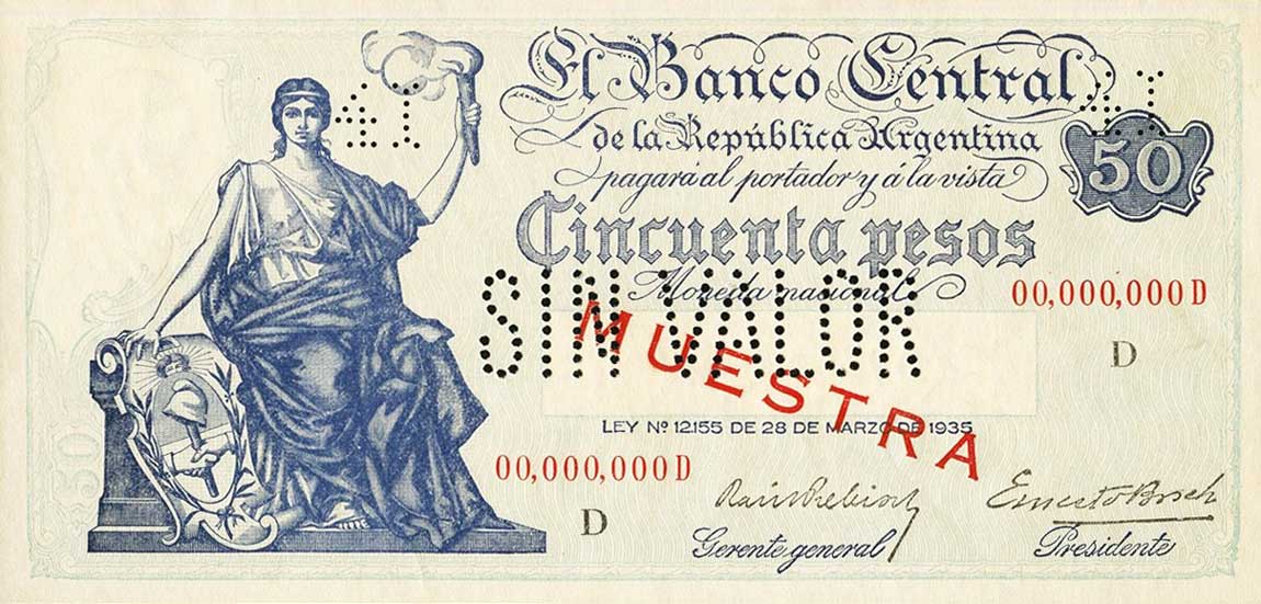 Front of Argentina p254s: 50 Pesos from 1936