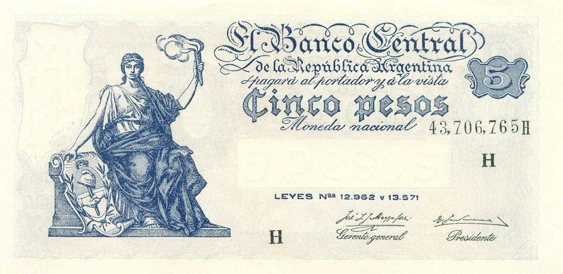 Front of Argentina p264b: 5 Pesos from 1951