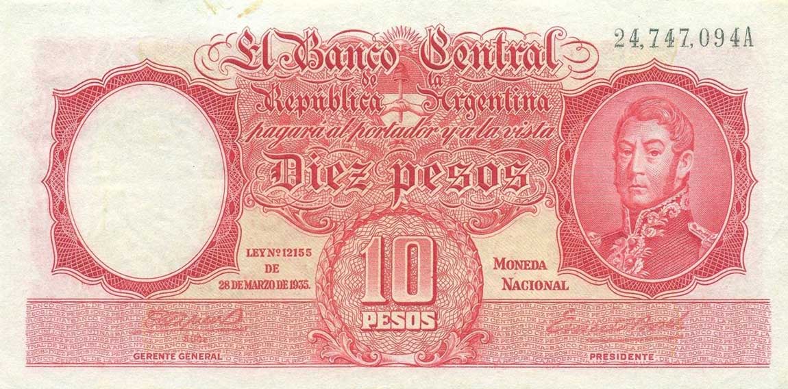 Front of Argentina p265c: 10 Pesos from 1942