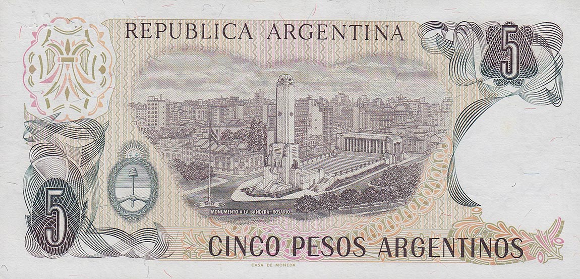 Back of Argentina p312a: 5 Peso Argentino from 1983