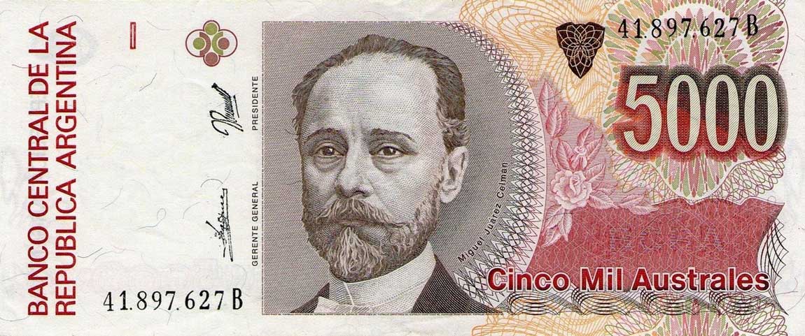 Front of Argentina p330d: 5000 Austral from 1989