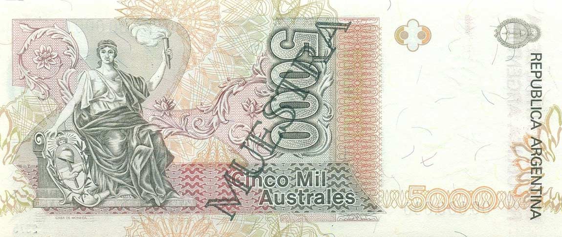 Back of Argentina p330s: 5000 Australes from 1989