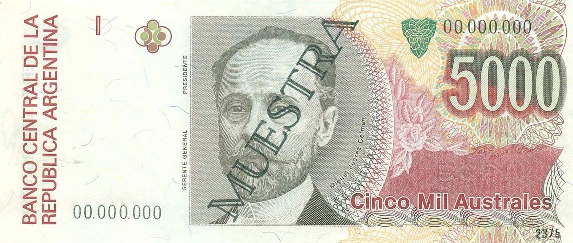 Front of Argentina p330s: 5000 Australes from 1989
