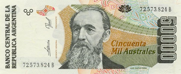 Front of Argentina p335a: 50000 Australes from 1989