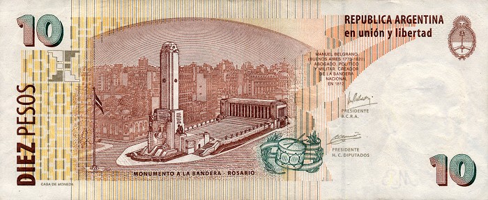 Back of Argentina p354a: 10 Pesos from 2003