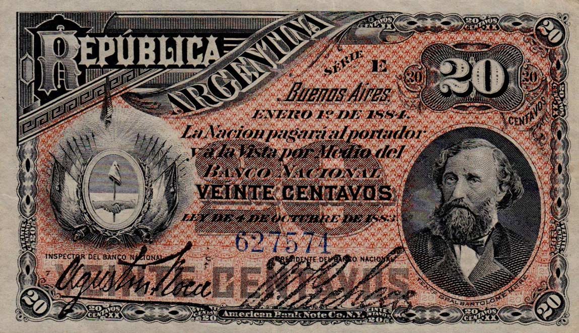 Front of Argentina p7a: 20 Centavos from 1884