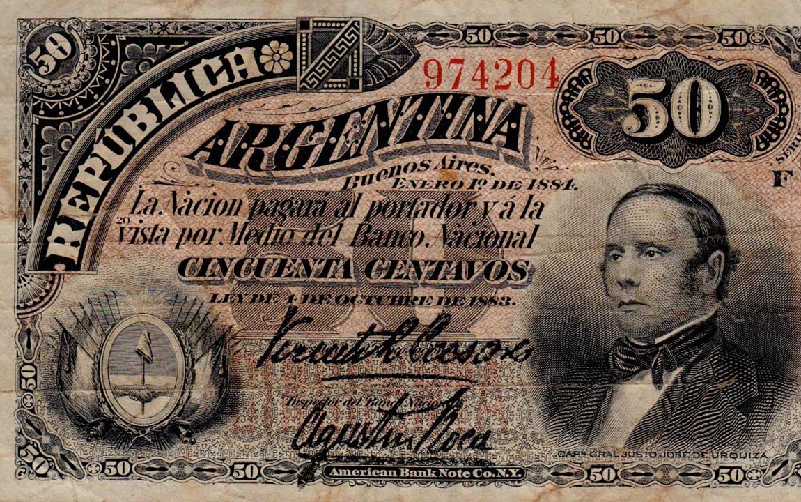 Front of Argentina p8: 50 Centavos from 1884